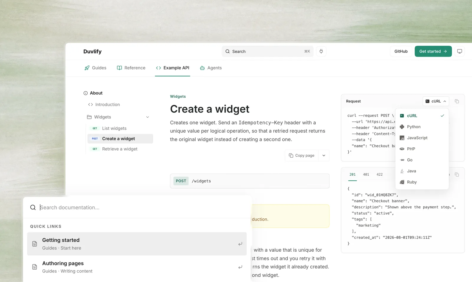 An API reference page built with Duvlify, showing an endpoint's parameters and response beside a request sample with the language picker open, and the search palette over it